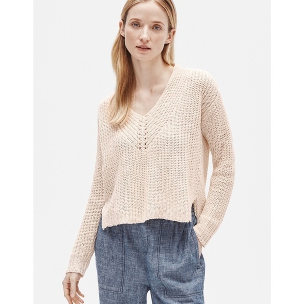 Eileen Fisher Long Sleeve V-Neck Organic Tape-Yarn Sweater Large